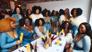 -A-mimosa-brunch-featuring-a-diverse-group-of-black-women-wearing-denim-and-feathers.-The-women-come-in-various-hairstyles-skin-tones-and-sizes-rang.