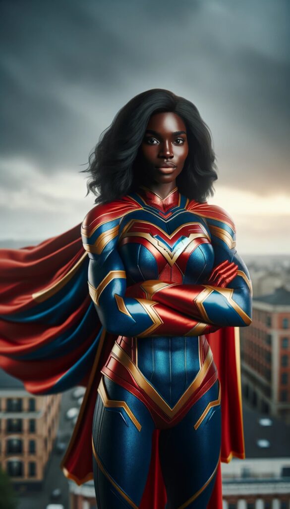 Black female superhero in dynamic pose with her arms folded, exuding confidence and strength, wearing iconic costume with cape, embodying empowerment and courage.