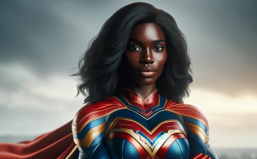Black female superhero in dynamic pose with her arms folded, exuding confidence and strength, wearing iconic costume with cape, embodying empowerment and courage.